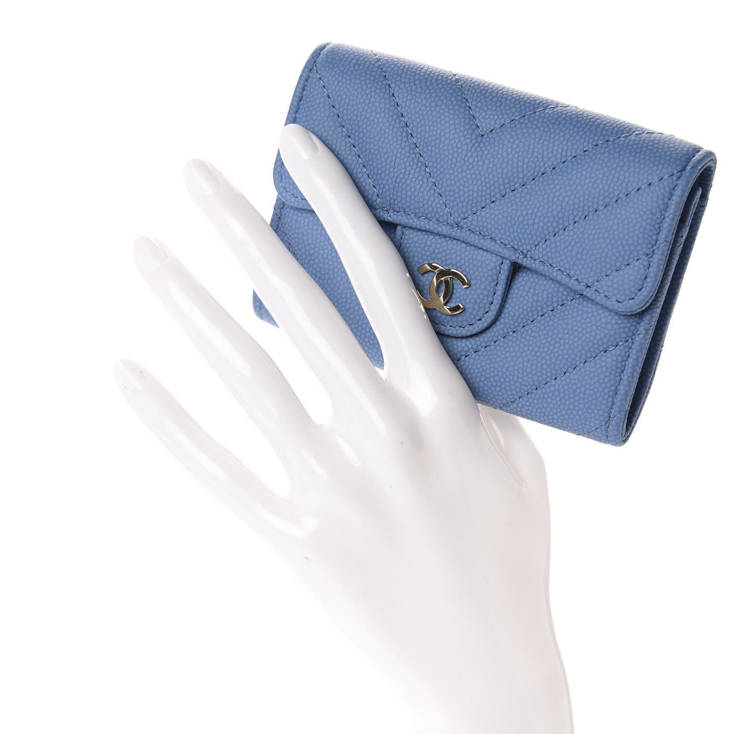 Caviar Flat Chevron Quilted Flap Card Holder Blue
