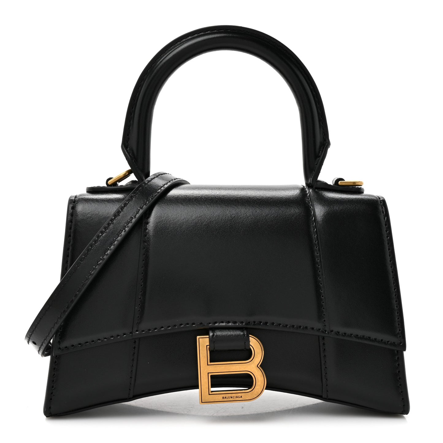 Shiny Box Calfskin Hourglass Top Handle Bag XS Black
