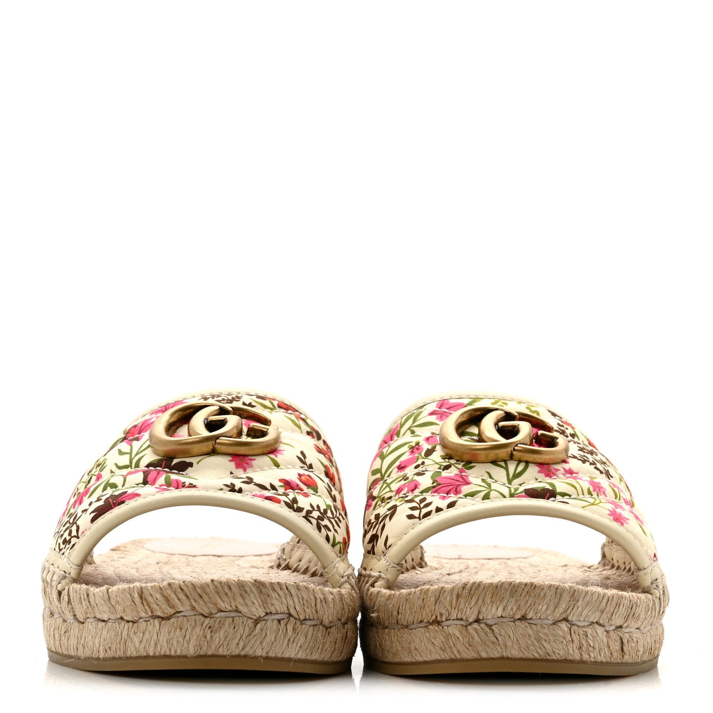 Nappa Matelasse Diagonal Floral Print GG Marmont Pilar Espadrille Slide Sandals 37.5 Ivory Pink