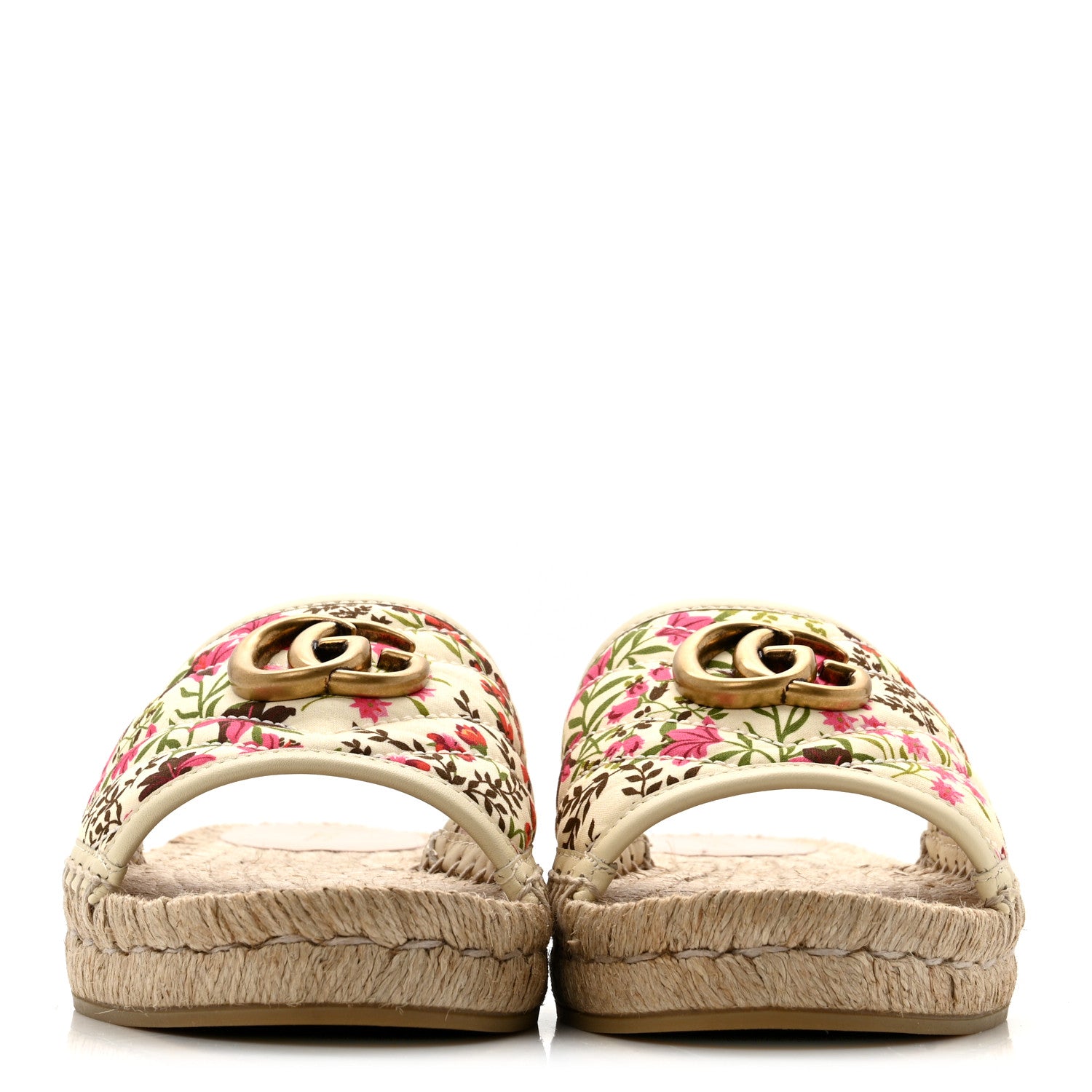 Gucci Nappa Matelasse Diagonal Floral Print GG Marmont Pilar Espadrille Slide Sandals 37.5 Ivory Pink 3 of 13