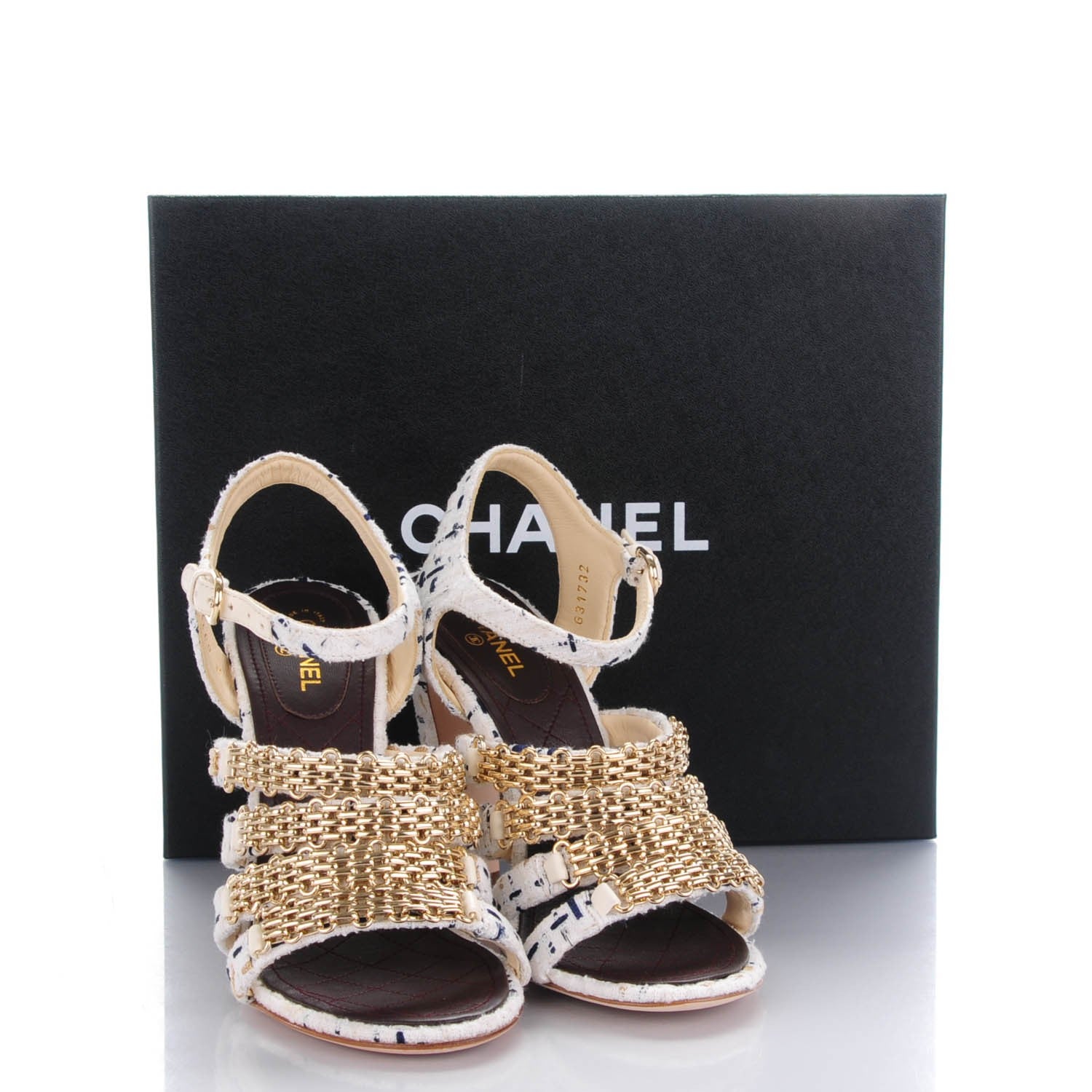 Chanel Tweed Reissue Chain Sandals 39 White Navy Gold 9 of 9