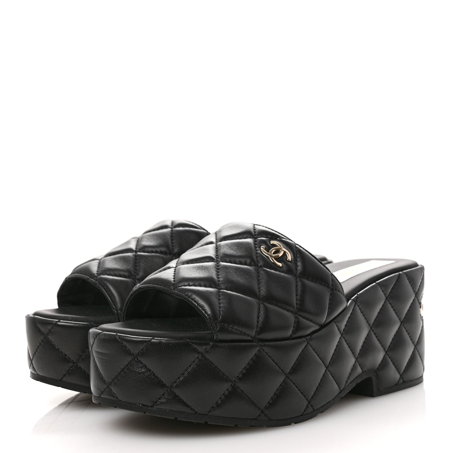 Lambskin Quilted CC Mules Wedge Sandals 39 Black