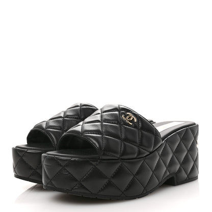 Chanel Lambskin Quilted CC Mules Wedge Sandals 39 Black 4 of 9