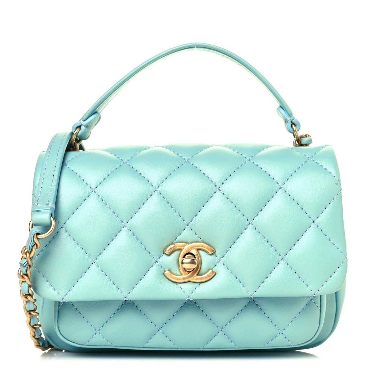 Calfskin Quilted Top Handle Flap Light Blue