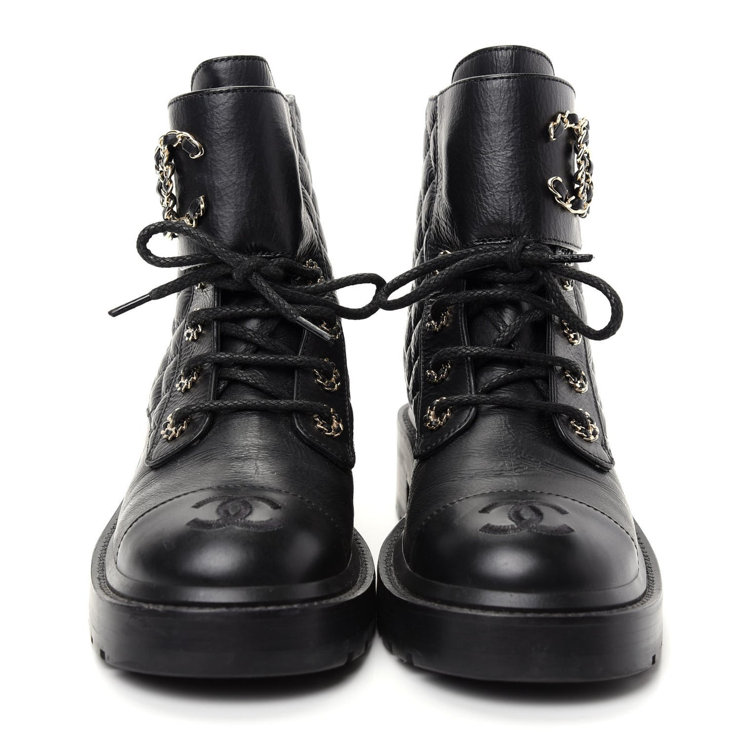Shiny Goatskin Calfskin Quilted Lace Up Combat Boots 38 Black