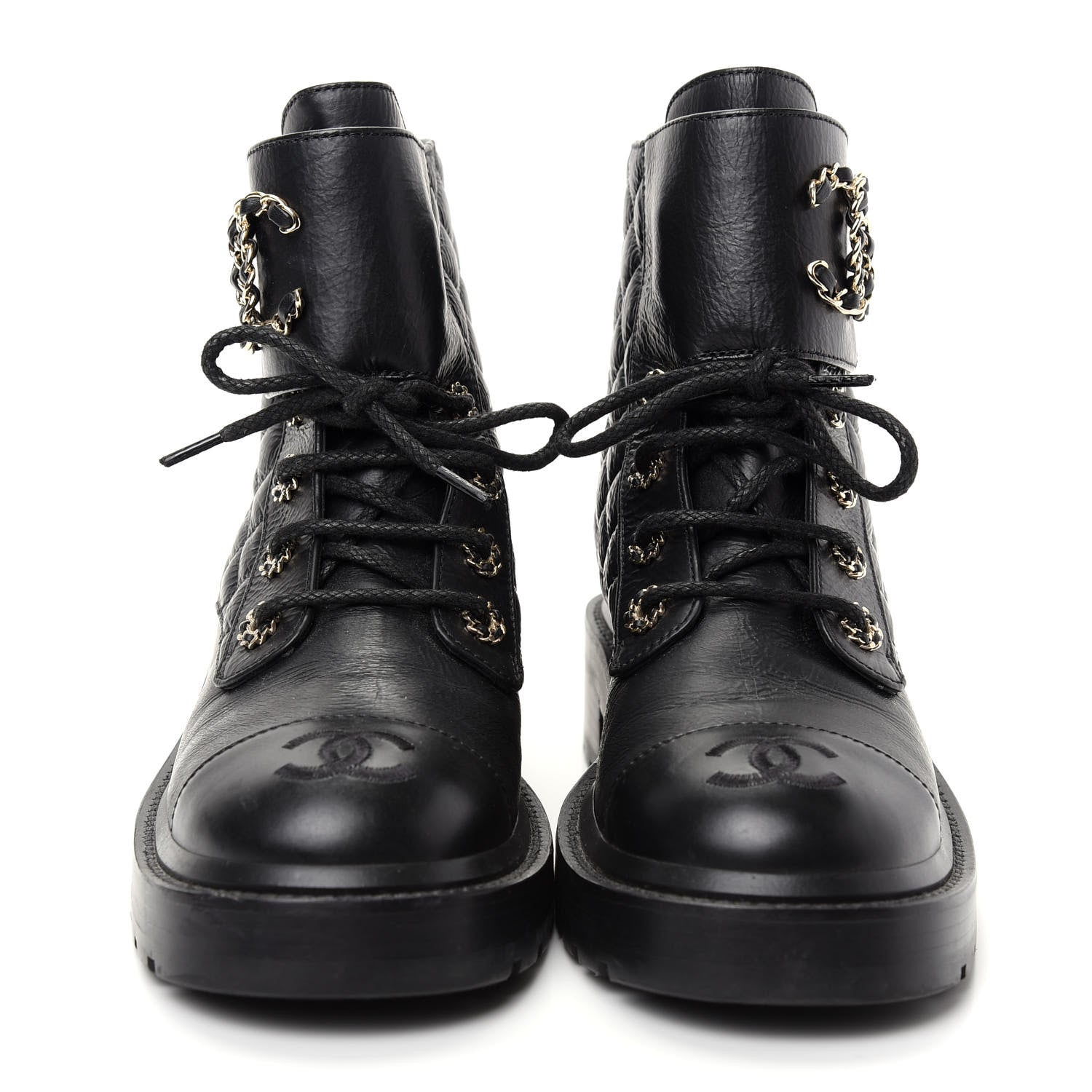 Chanel Shiny Goatskin Calfskin Quilted Lace Up Combat Boots 38 Black 2 of 10