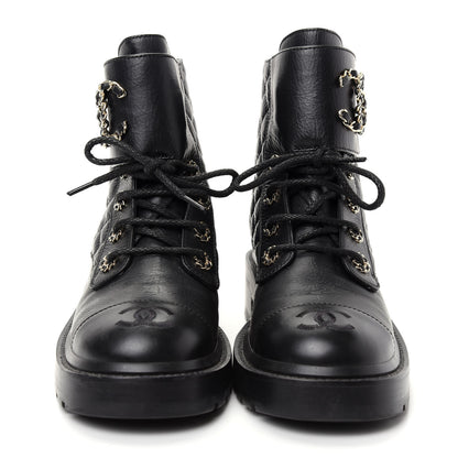 Chanel Shiny Goatskin Calfskin Quilted Lace Up Combat Boots 38 Black 2 of 10