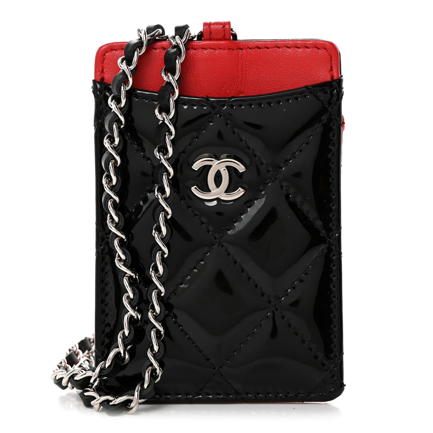 Patent Calfskin Quilted Bi-Color Card Holder On Chain Black Red