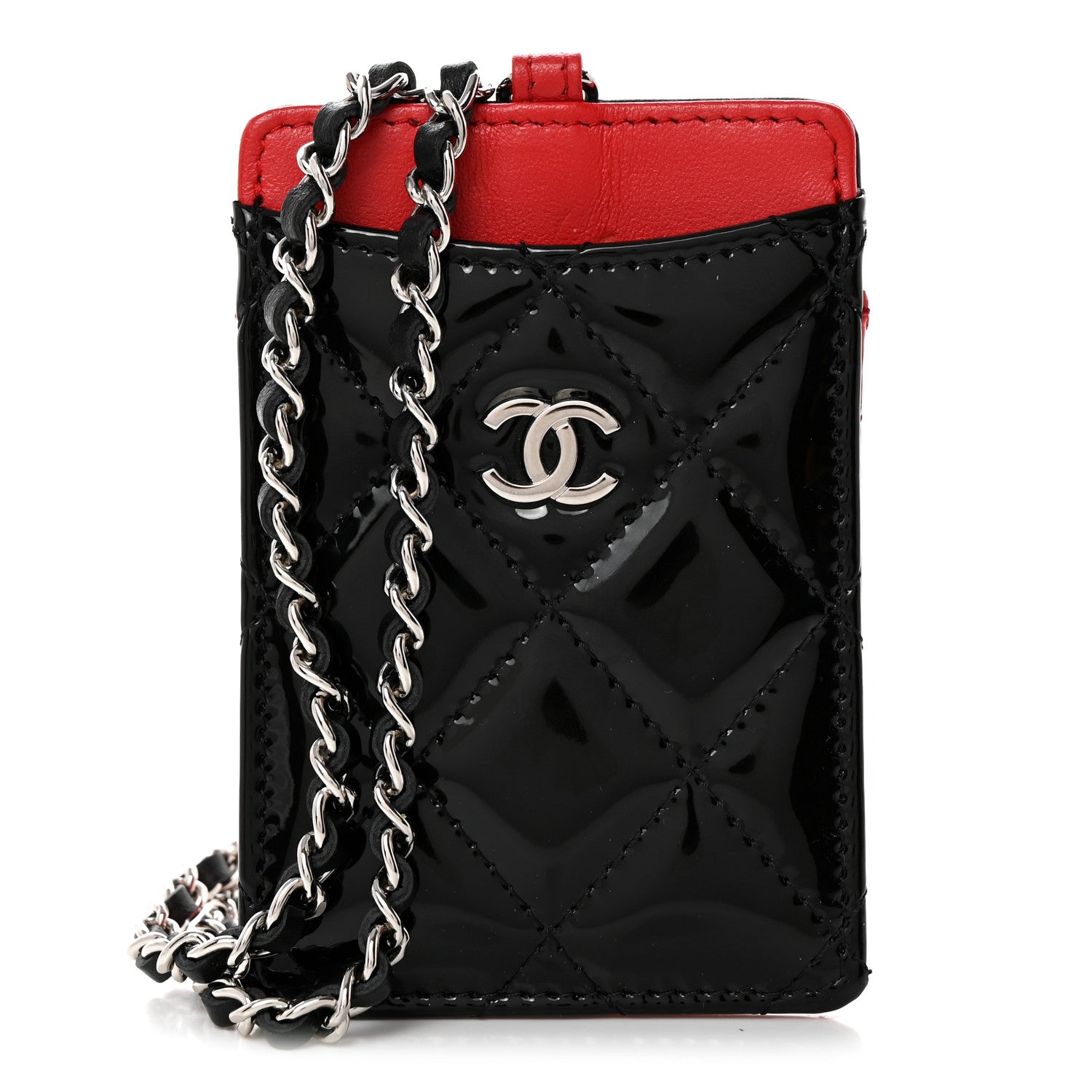 Chanel Patent Calfskin Quilted Bi-Color Card Holder On Chain Black Red 1 of 9