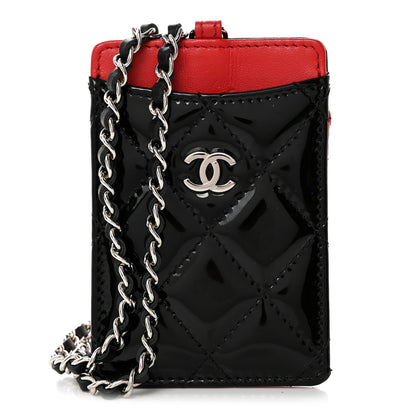Chanel Patent Calfskin Quilted Bi-Color Card Holder On Chain Black Red 1 of 9