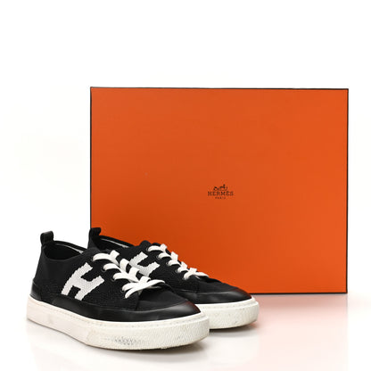 Hermes Knit Fabric Calfskin Deep Sneakers 38 Black White 10 of 10