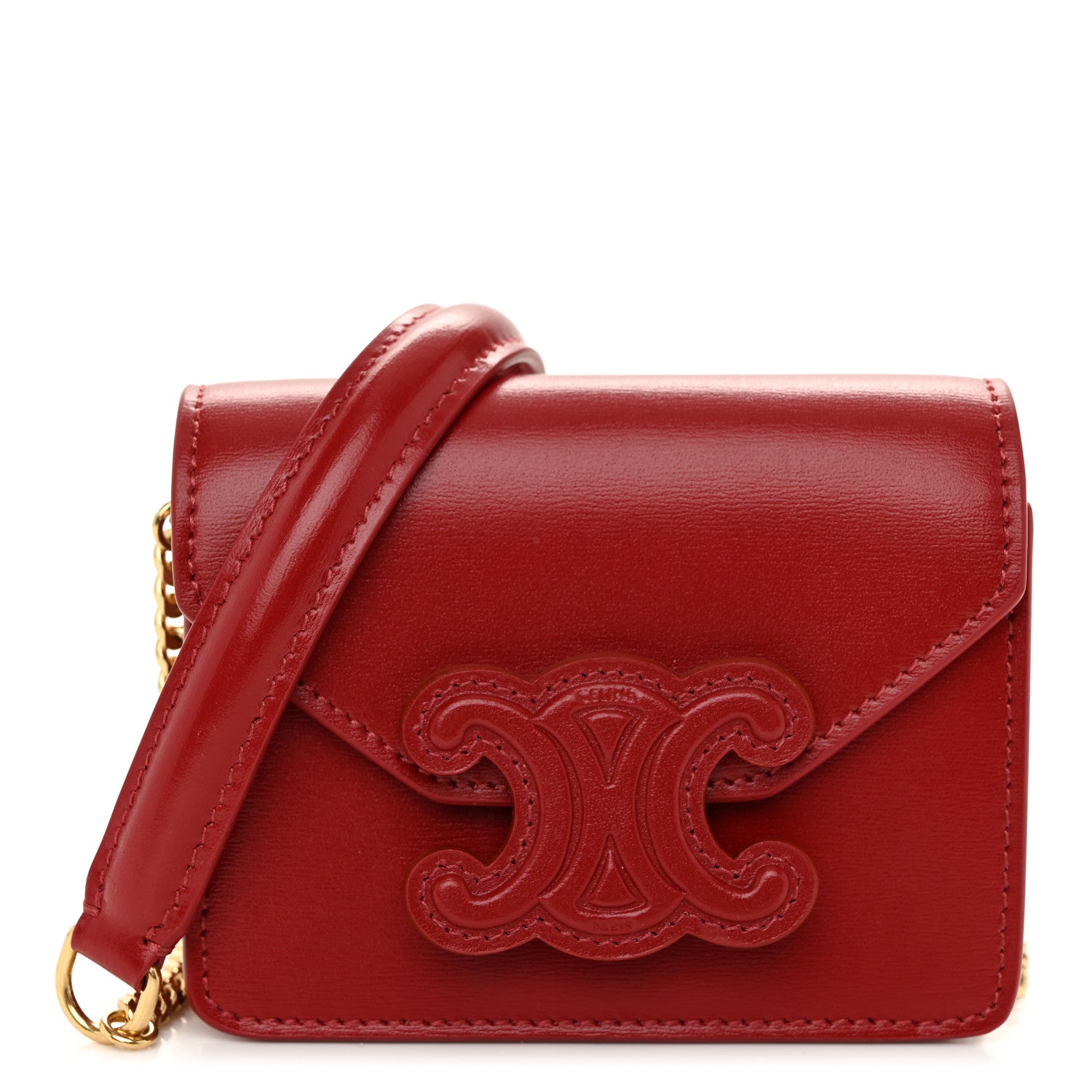 Celine Shiny Calfskin Triomphe Card Holder on Chain Velvet Red 1 of 10