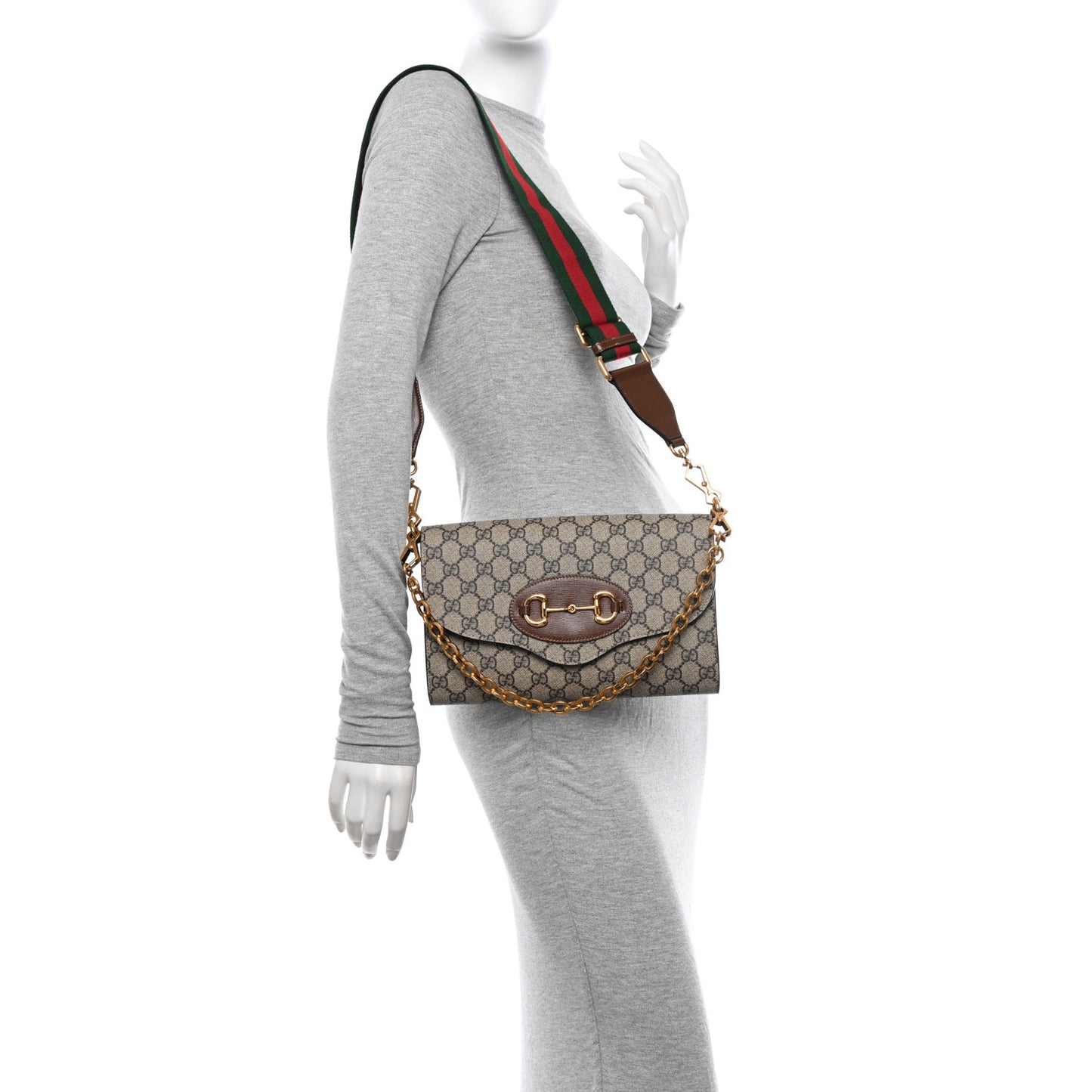 GG Supreme Monogram Azalea Calfskin Web Small Horsebit 1955 Crossbody Bag Beige Ebony Brown Sugar