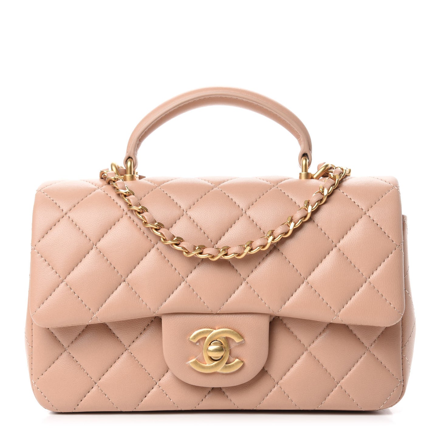 Lambskin Quilted Mini Top Handle Rectangular Flap Beige