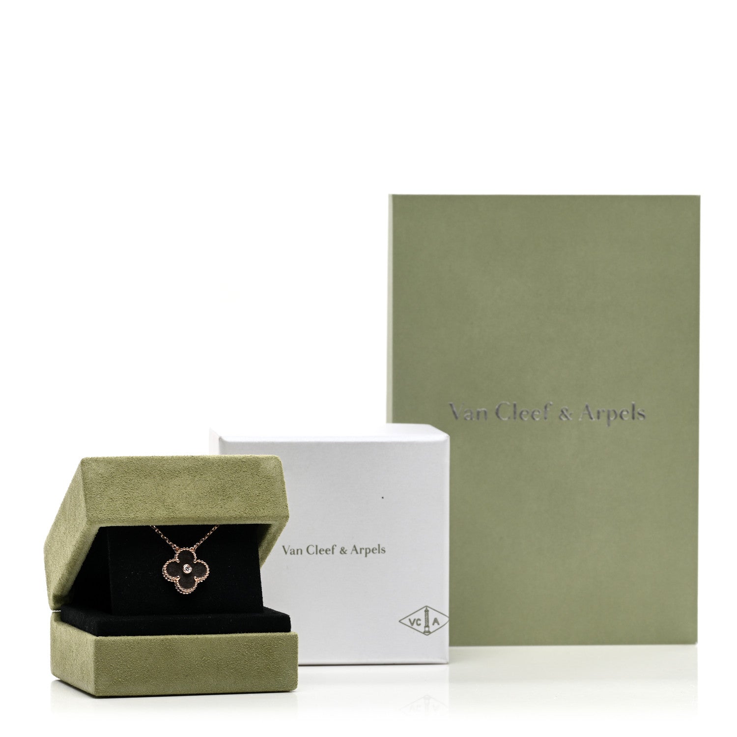 Van Cleef & Arpels 18K Rose Gold Diamond Silver Obsidian Vintage Alhambra Pendant Necklace 6 of 6
