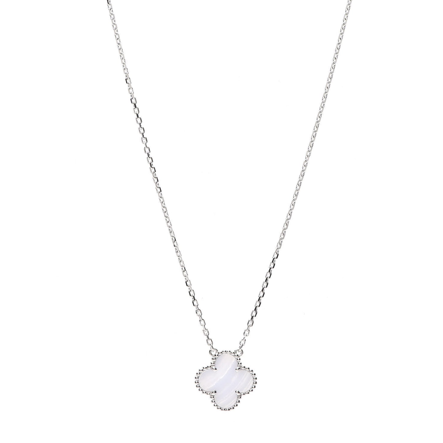 18K White Gold Chalcedony Vintage Alhambra Pendant Necklace