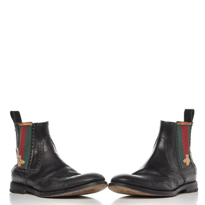 Gucci Calfskin Mens Wingtip Web Bee Chelsea Boots 10 Black 5 of 14