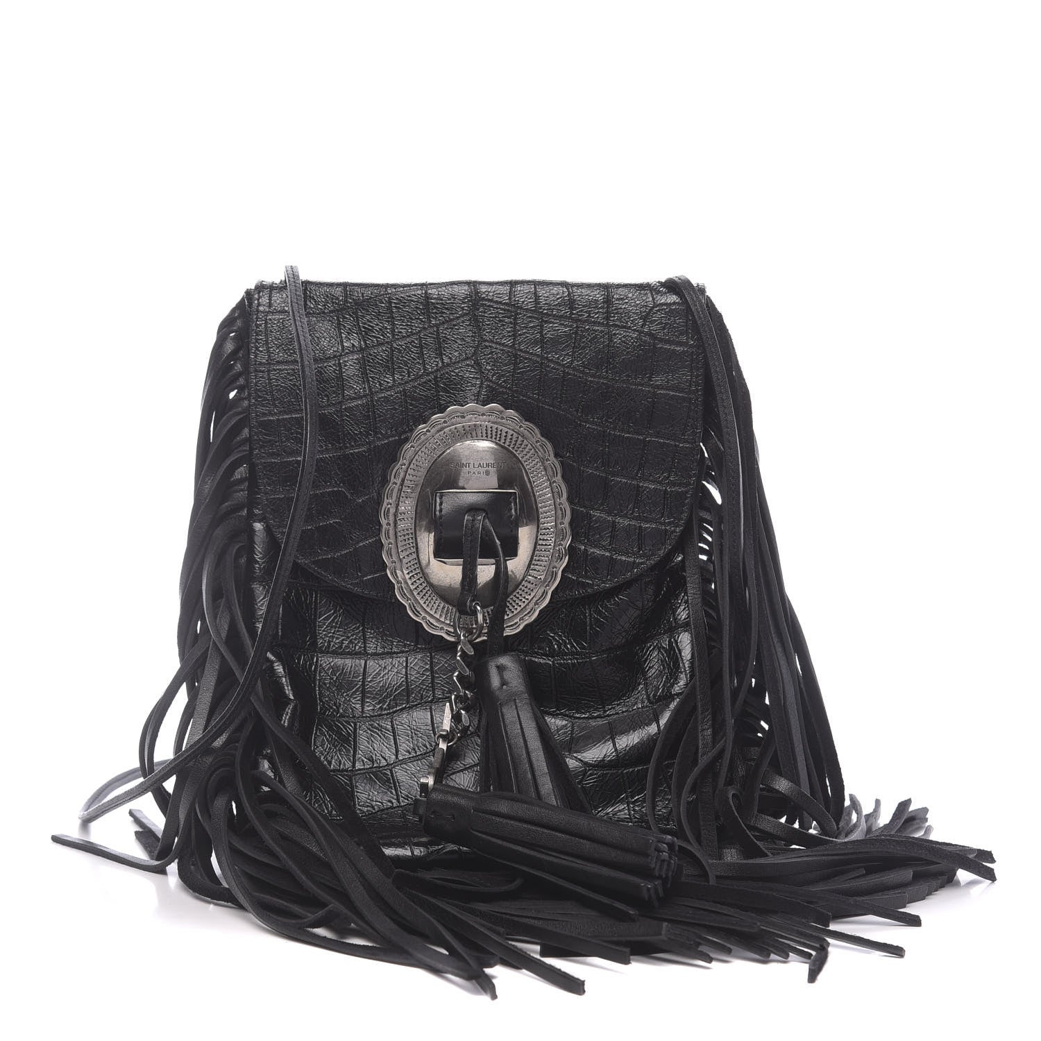 Saint Laurent Calfskin Crocodile Embossed Anita Tassed Crossbody Bag Black 1 of 9