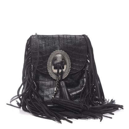 Saint Laurent Calfskin Crocodile Embossed Anita Tassed Crossbody Bag Black 1 of 9