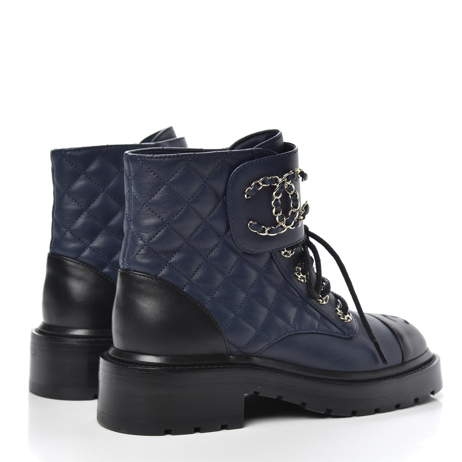 Chanel Lambskin Calfskin Quilted Lace Up Combat Boots 35.5 Navy Black 4 of 7