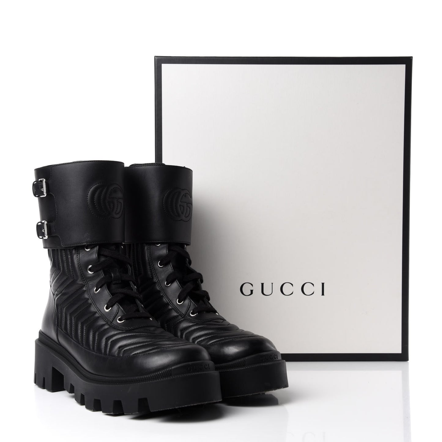 Nappa Frances GG Matelasse Platform Combat Boots 42 Black