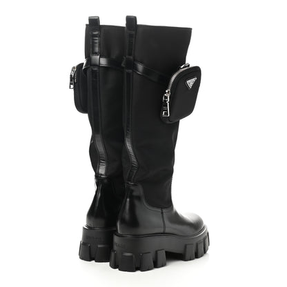 Prada Spazzolato Rois Re-Nylon Metal Triangle Logo Monolith Pouch Pocket 55mm Tall Boots 39.5 Black 4 of 8