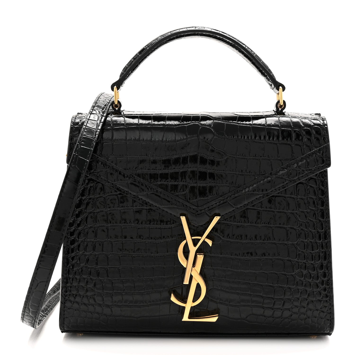 Saint Laurent Calfskin Crocodile Embossed Mini Classic Monogram Cassandra Top Handle Black 1 of 9