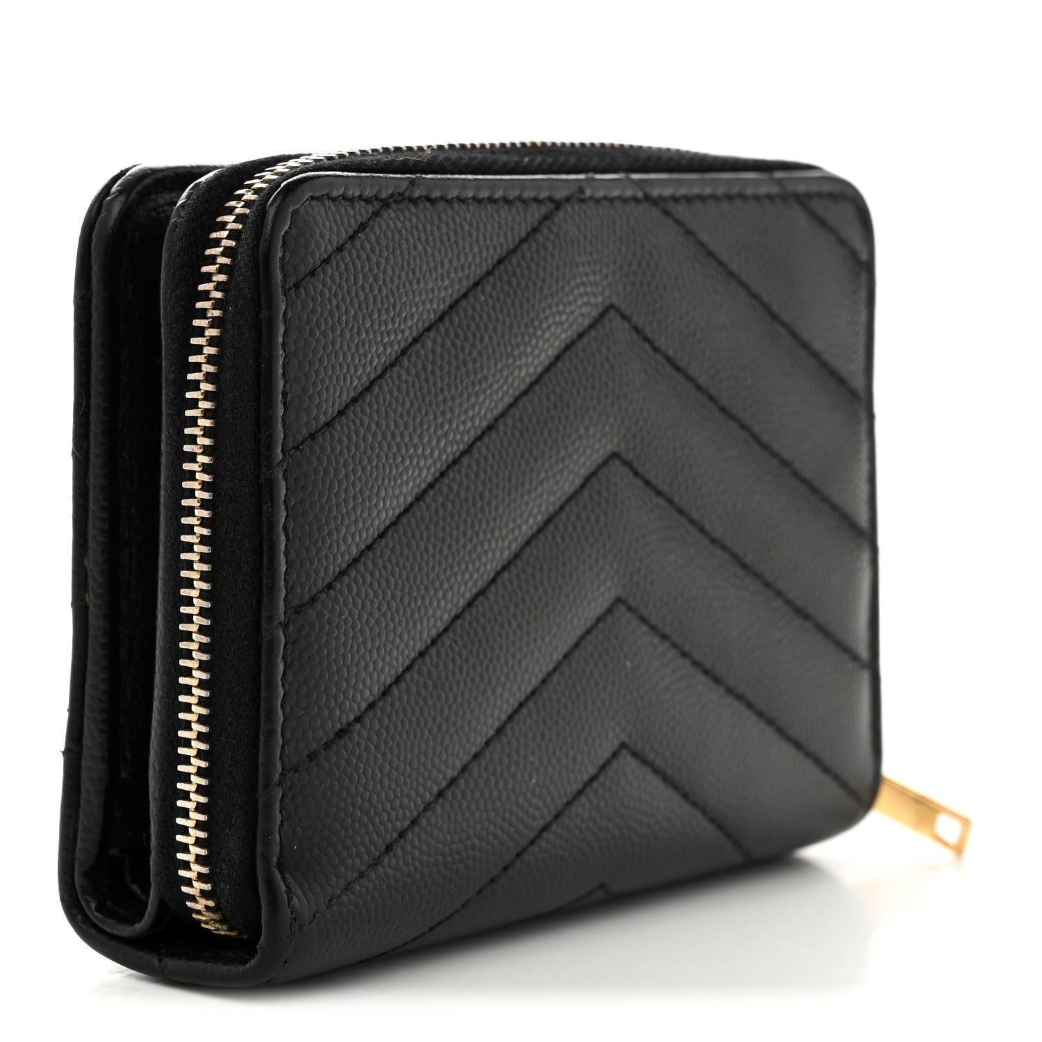 Saint Laurent Grain De Poudre Matelasse Chevron Monogram Compact Zip Around Wallet Black 3 of 8
