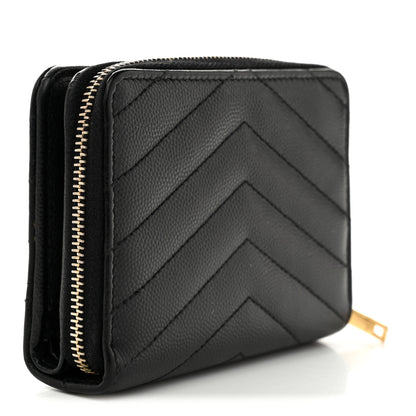 Saint Laurent Grain De Poudre Matelasse Chevron Monogram Compact Zip Around Wallet Black 3 of 8