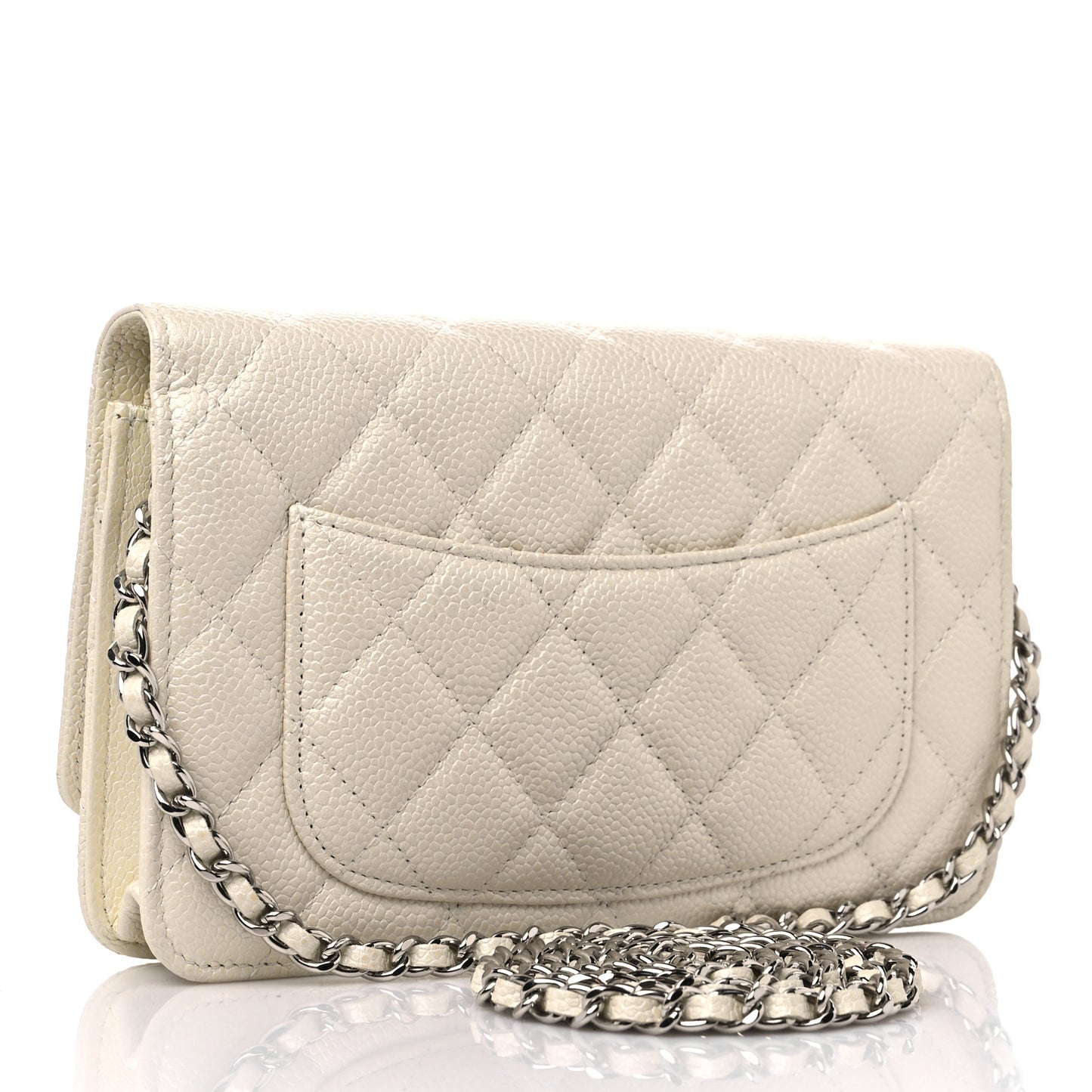 Iridescent Caviar Quilted Wallet on Chain WOC Ivory