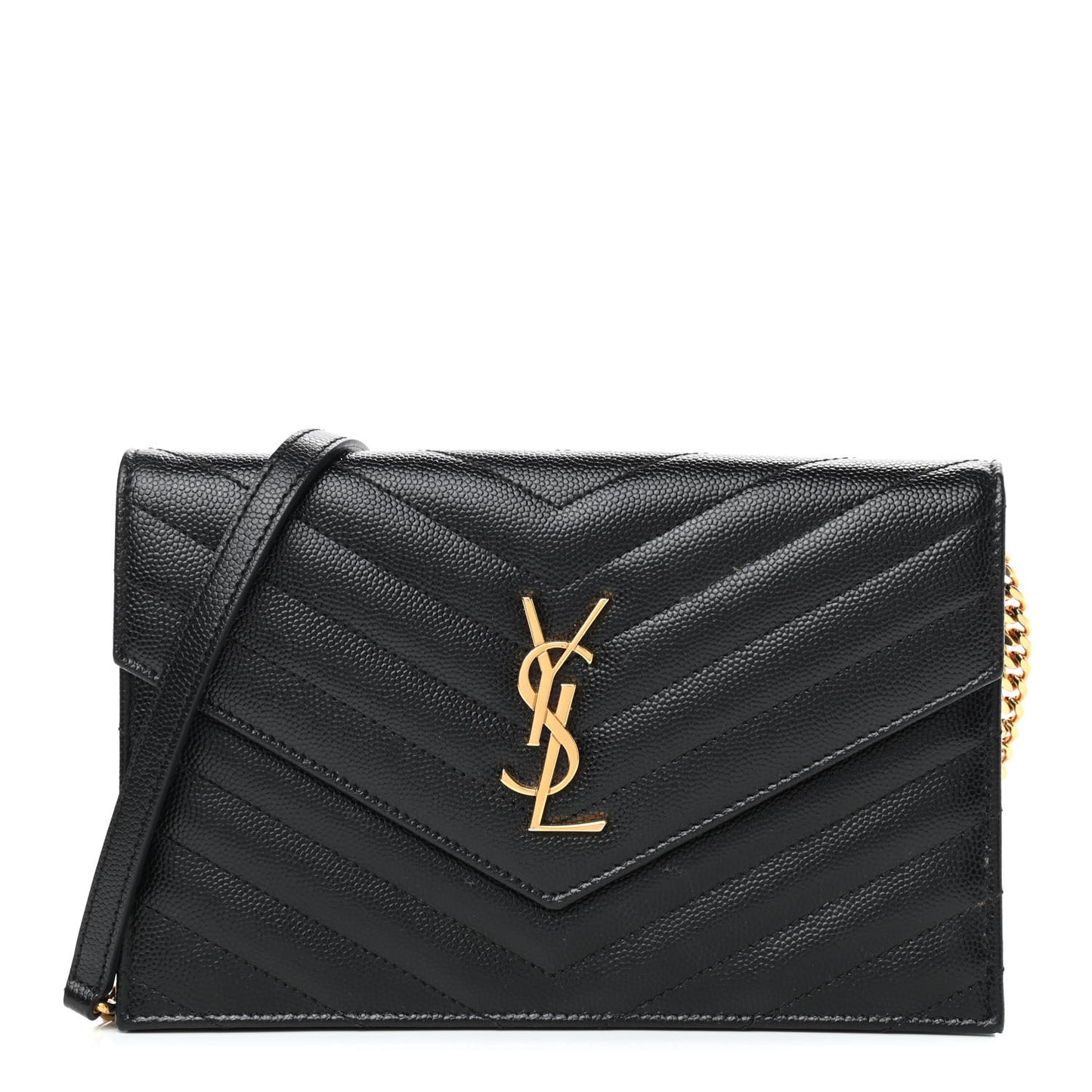 Grain De Poudre Matelasse Chevron Monogram Envelope Chain Wallet Black