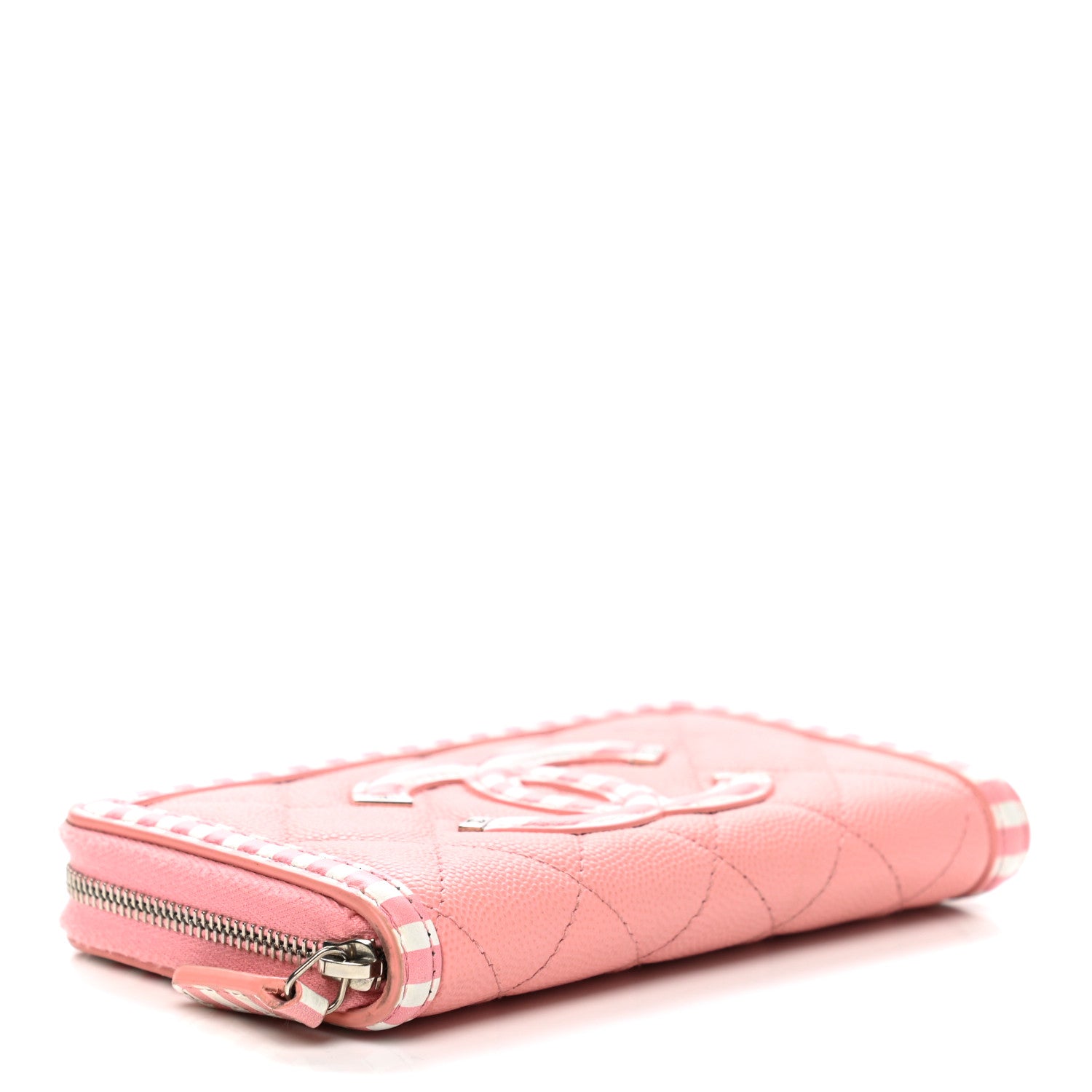 Chanel Caviar Quilted Medium Stripe Filigree Zip Around Wallet Pink White 4 of 15