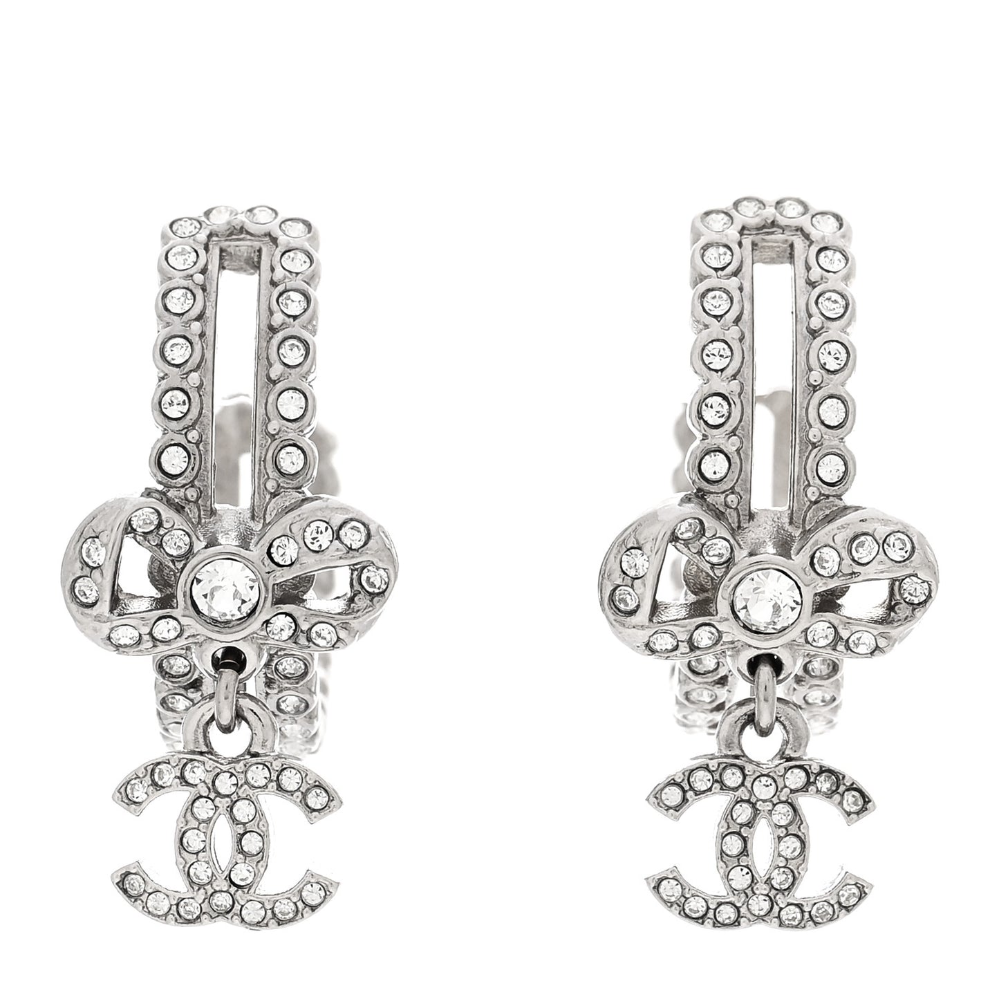 Metal Crystal CC Bow Hoop Earrings Silver