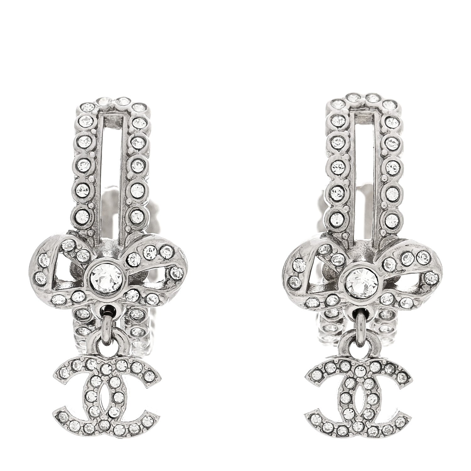 Chanel Metal Crystal CC Bow Hoop Earrings Silver 1 of 5