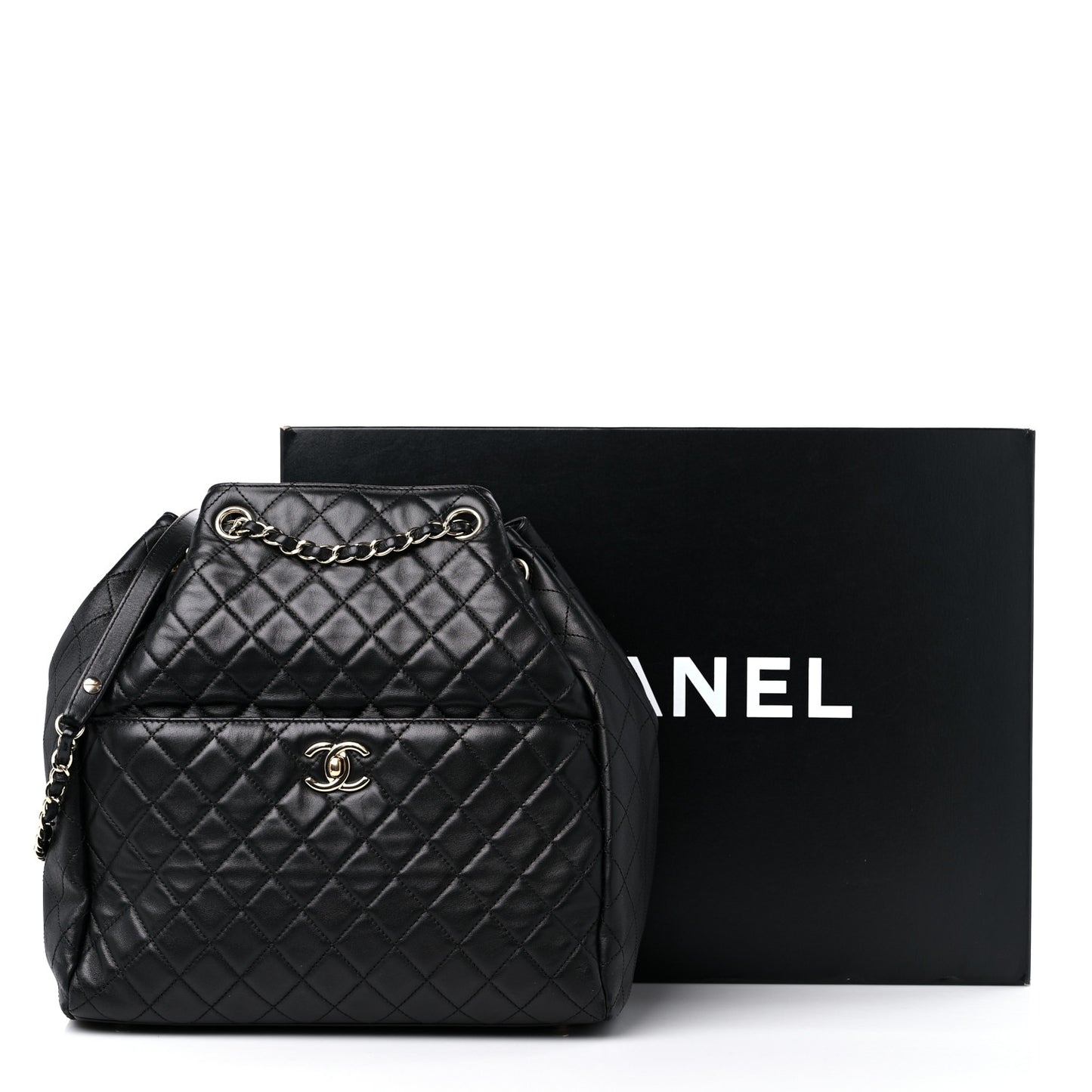 Lambskin Quilted Large Drawstring Bag Black