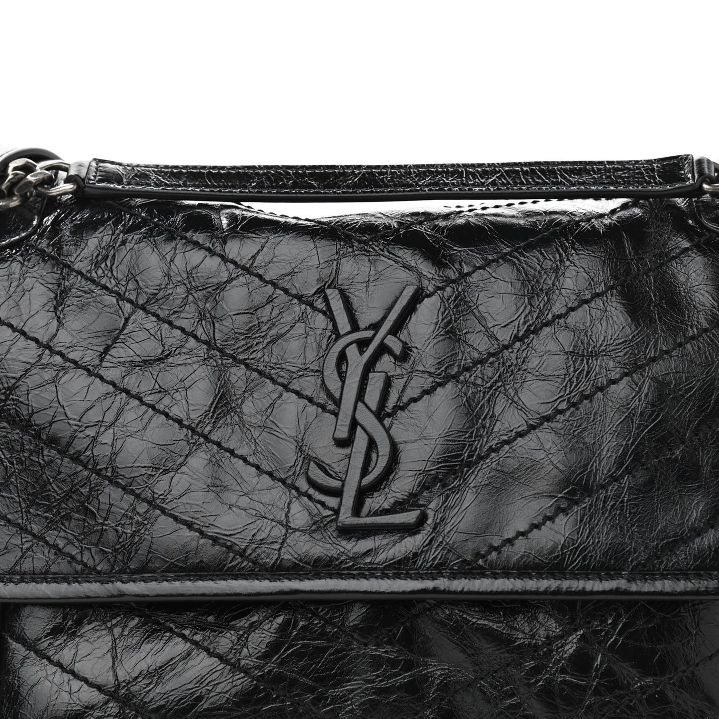 Crinkled Calfskin Matelasse Monogram Medium Niki Chain Satchel Black