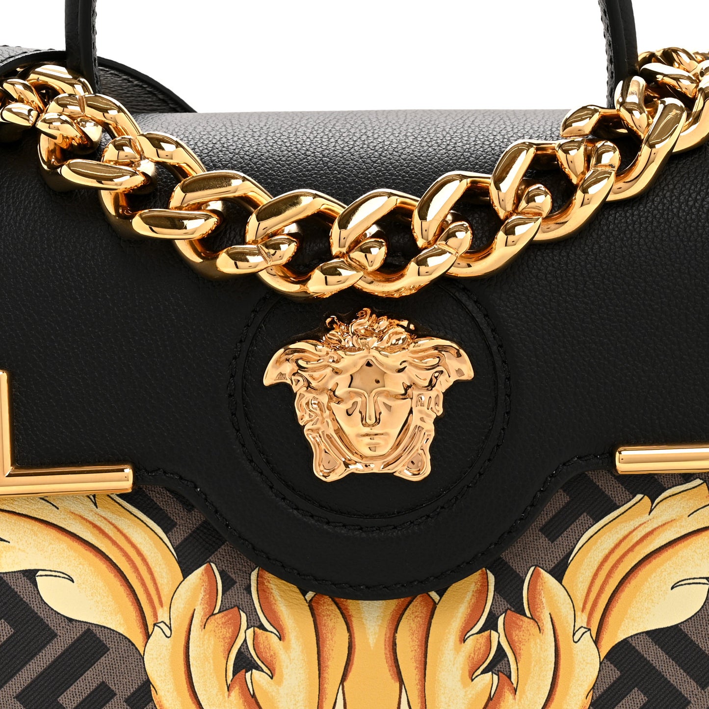 X FENDI Grained Calfskin Fendace La Medusa Medium Top Handle Bag Black Multicolor