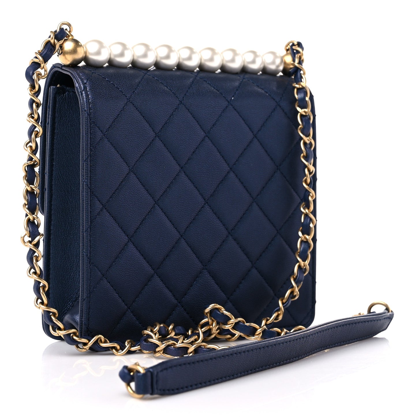 Iridescent Lambskin Quilted Chic Pearls Flap Navy Blue