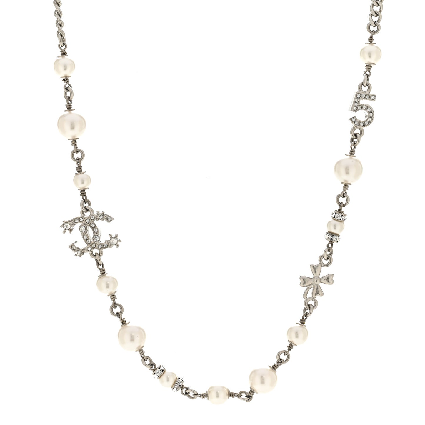 Crystal Pearl Star 5 CC Necklace Silver