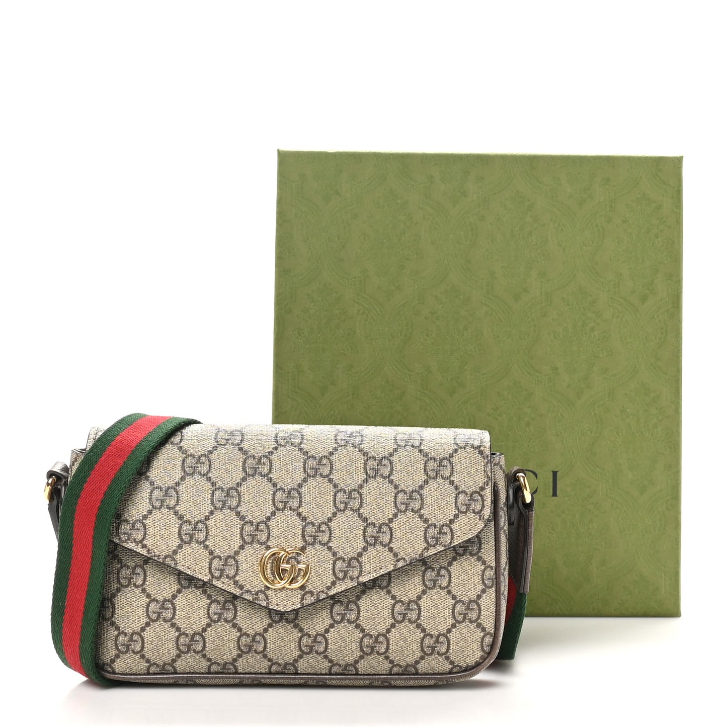 GG Supreme Monogram Textured Dollar Calfskin Web Mini Ophidia Envelope Shoulder Bag Beige Ebony