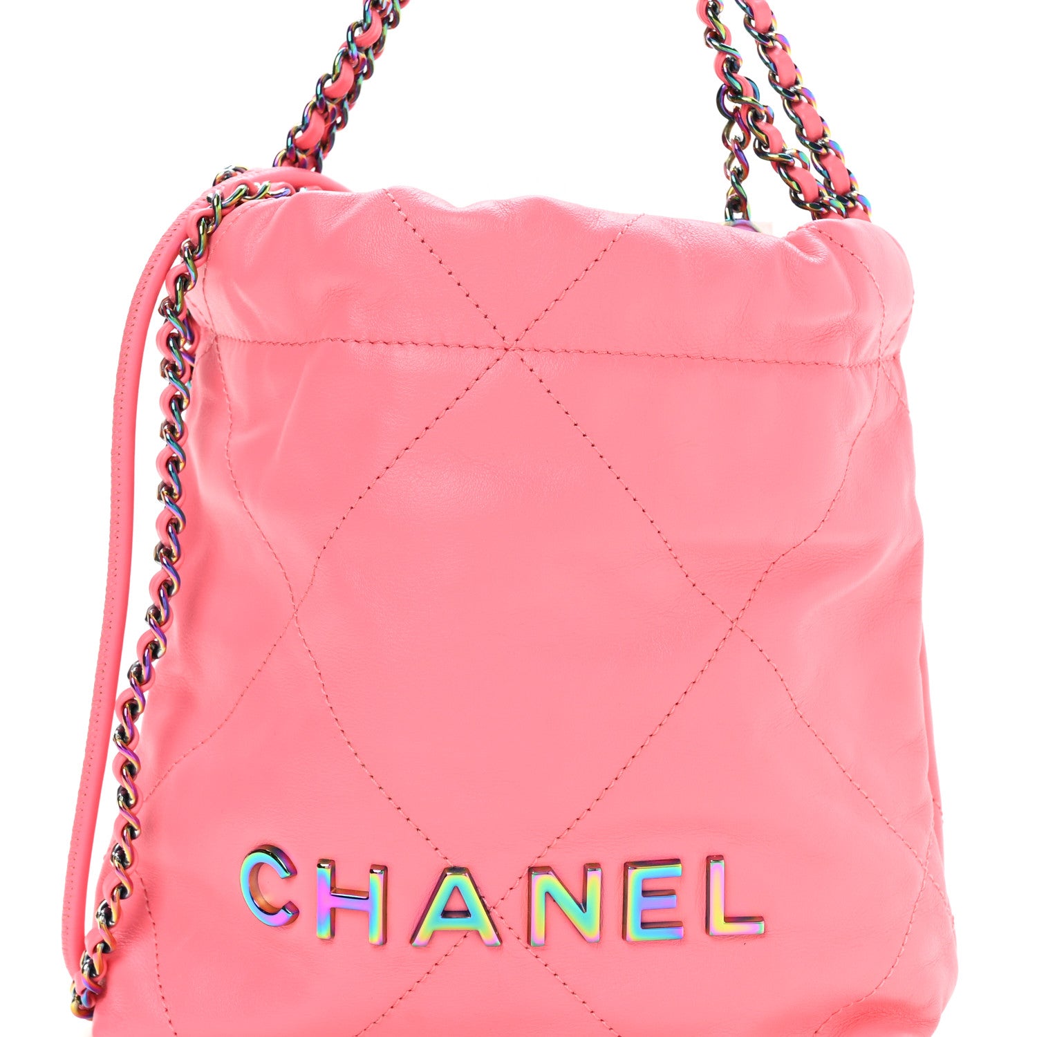 Chanel Shiny Calfskin Quilted Rainbow Metal Mini Chanel 22 Coral Pink 8 of 10