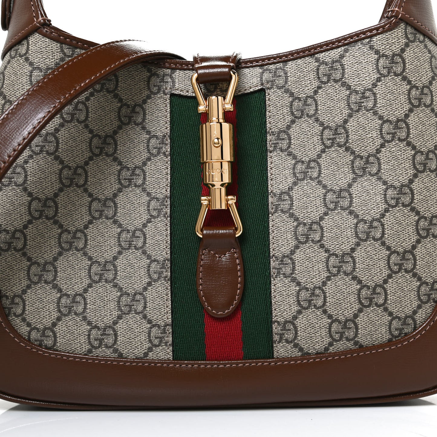 GG Supreme Monogram Azalea Calfskin Web Small Jackie 1961 Hobo Beige Ebony Brown Sugar