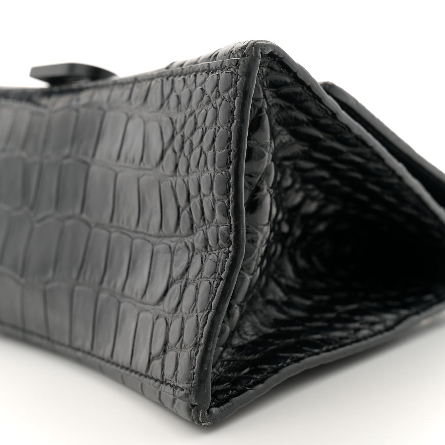 Shiny Calfskin Monochrome Crocodile Embossed Small Hourglass Top Handle Bag Black