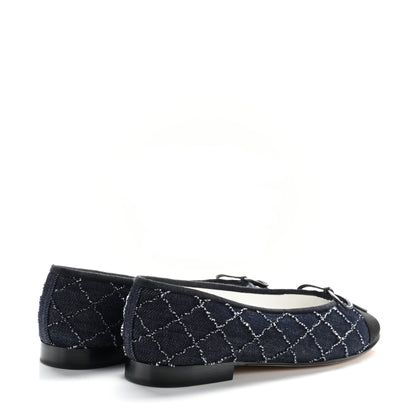 Chanel Denim Quilted Grosgrain Cap Toe Ballerina Flats 37 Dark Blue Black 5 of 9