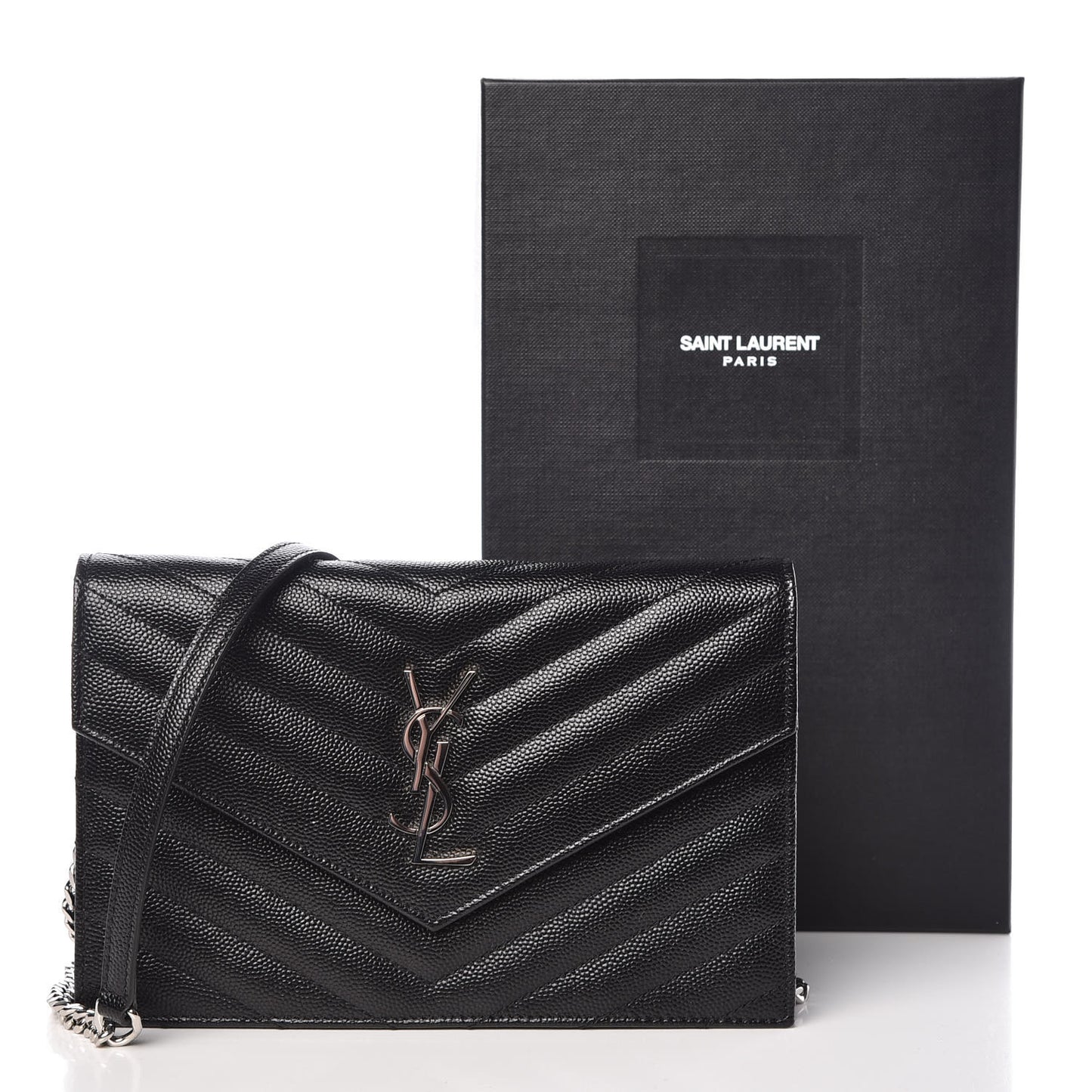 Grain De Poudre Matelasse Chevron Monogram Envelope Chain Wallet Black