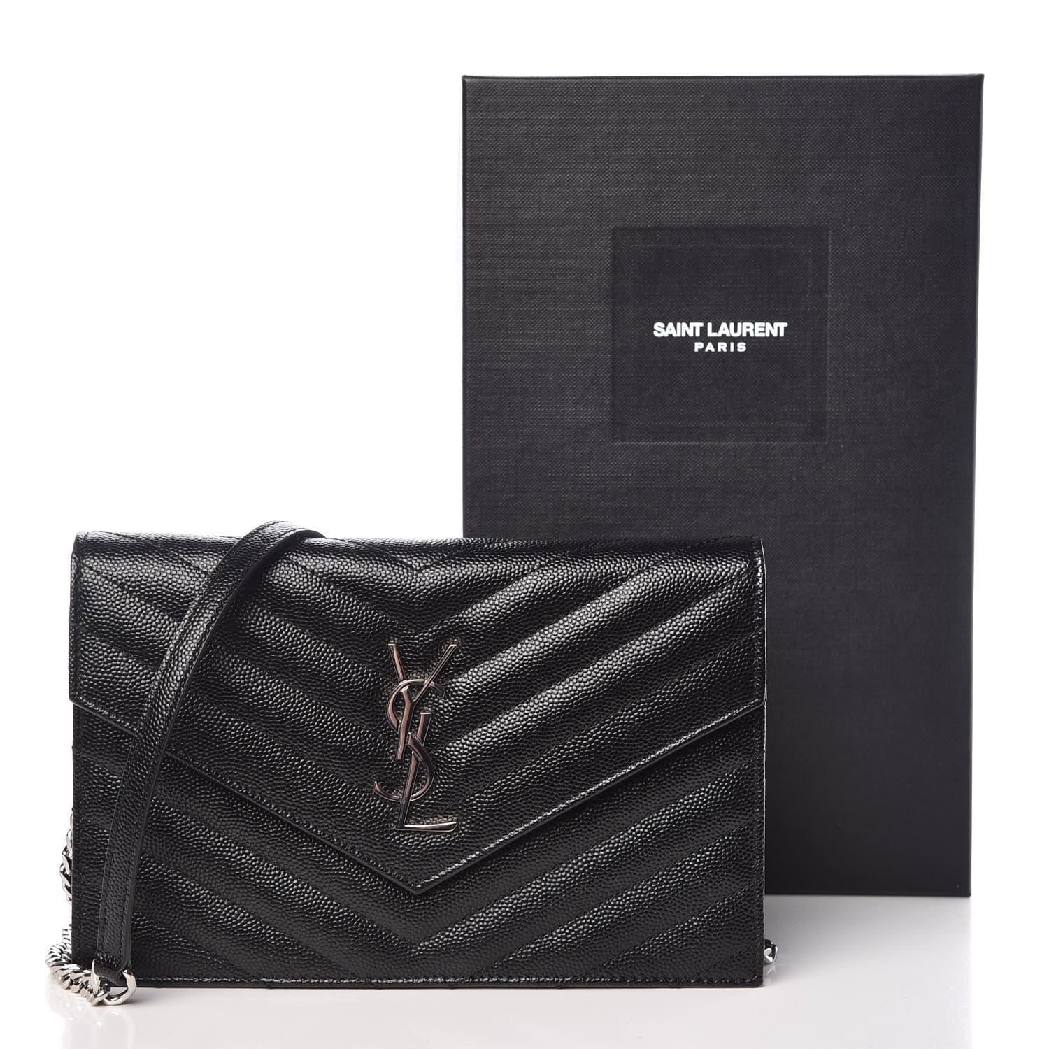 Saint Laurent Grain De Poudre Matelasse Chevron Monogram Envelope Chain Wallet Black 11 of 11