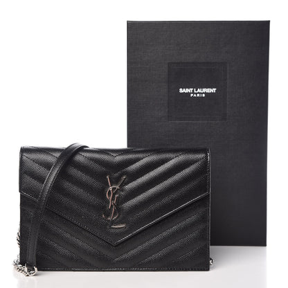Saint Laurent Grain De Poudre Matelasse Chevron Monogram Envelope Chain Wallet Black 11 of 11