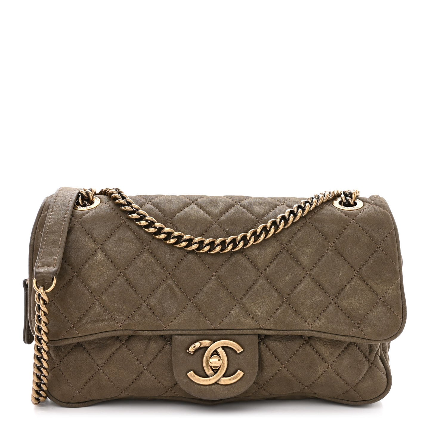 Iridescent Calfskin Quilted Small Shiva Flap Khaki