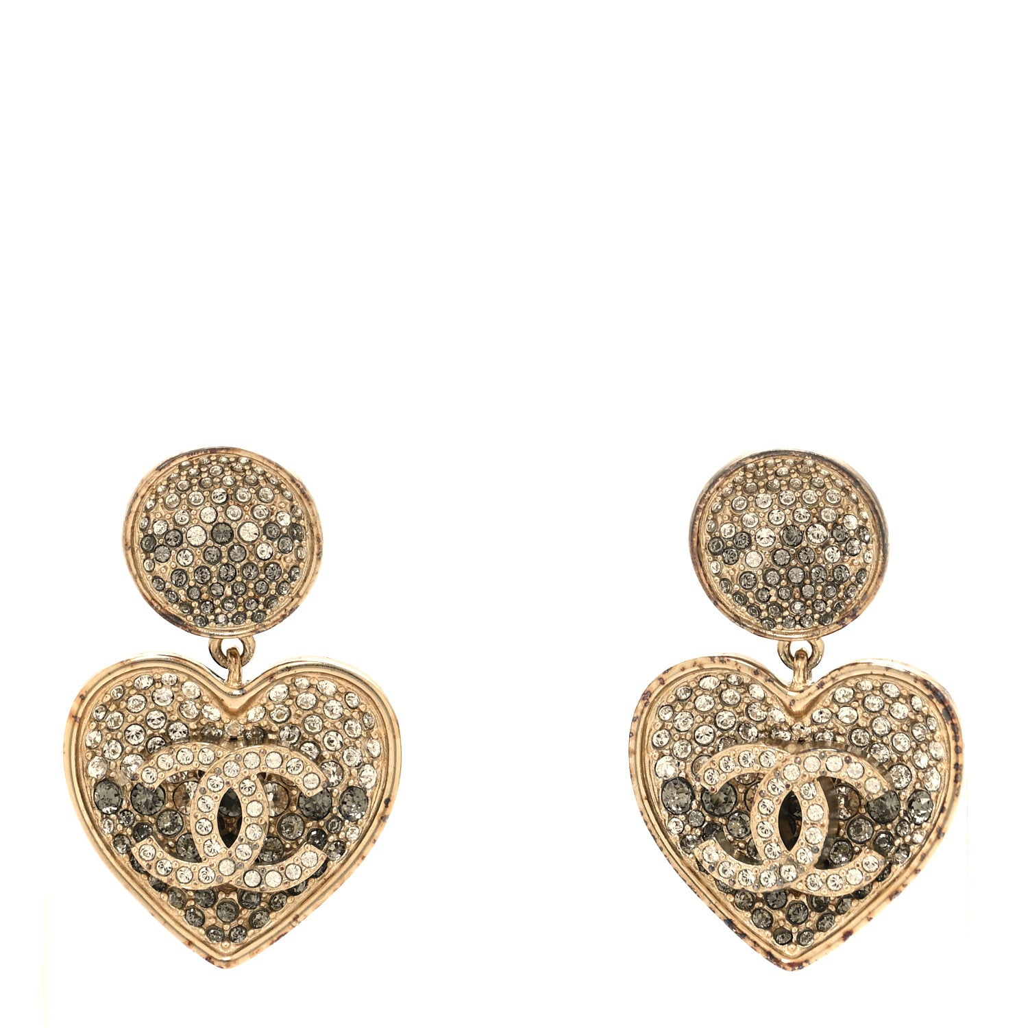 Chanel Crystal Heart CC Drop Clip On Earrings Gold 1 of 6