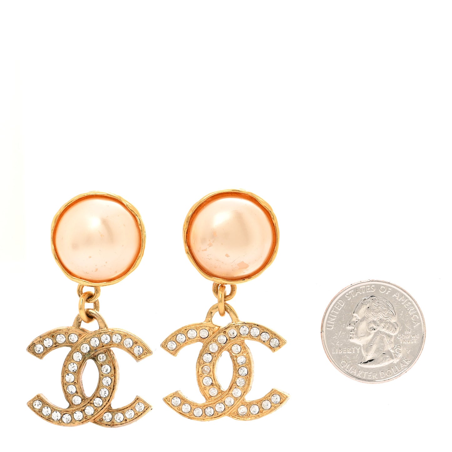 Pearl Crystal CC Drop Clip On Earrings Gold